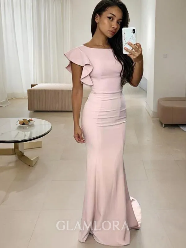 Sheath/Column Scoop Sleeveless Sweep Train Stretch Crepe Clingy Bridesmaid Dress With Ruched