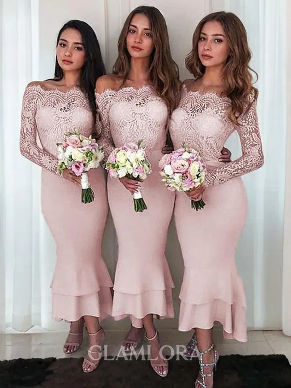 Sheath/Column Off-the-Shoulder Long Sleeves Ankle-Length Flattering Stretch Crepe Bridesmaid Dress With Lace