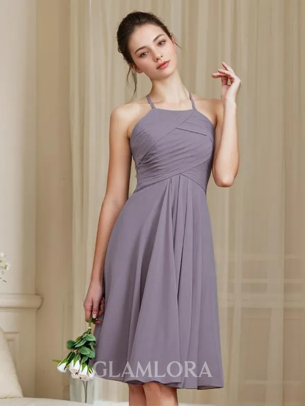 Timeless A-line Halter Sleeveless Short/Mini Chiffon Bridesmaid Dress With Ruched