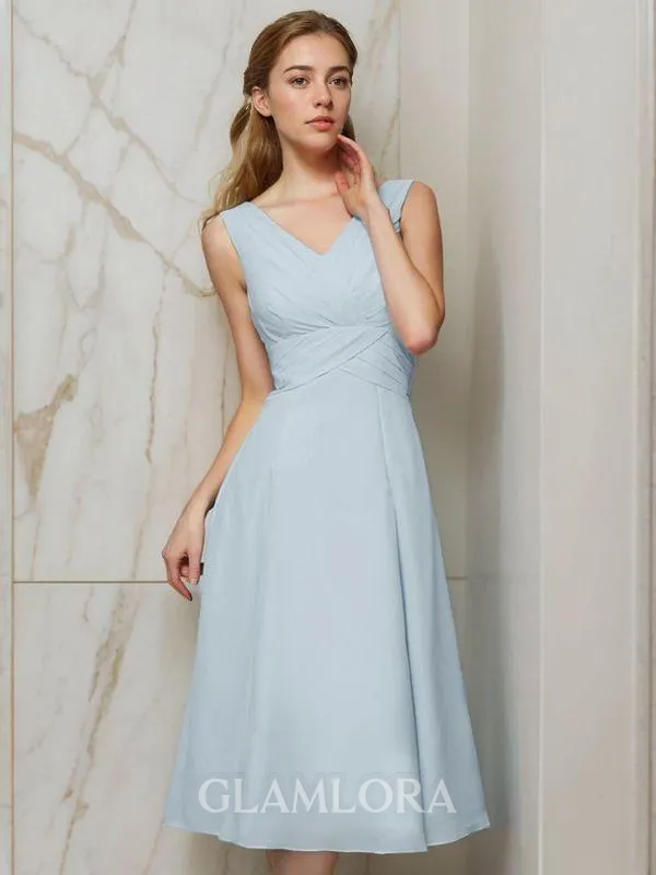 A-line V-Neck Sleeveless Modest Tea-Length Chiffon Bridesmaid Dress With Pleats