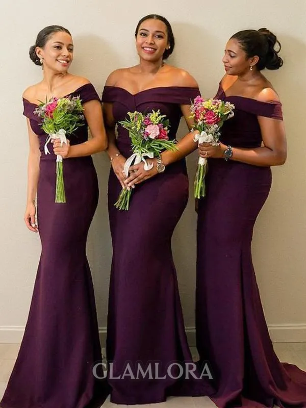 Sheath/Column Off-the-Shoulder Sleeveless Sweep Train Stretch Crepe Teasing Bridesmaid Dress