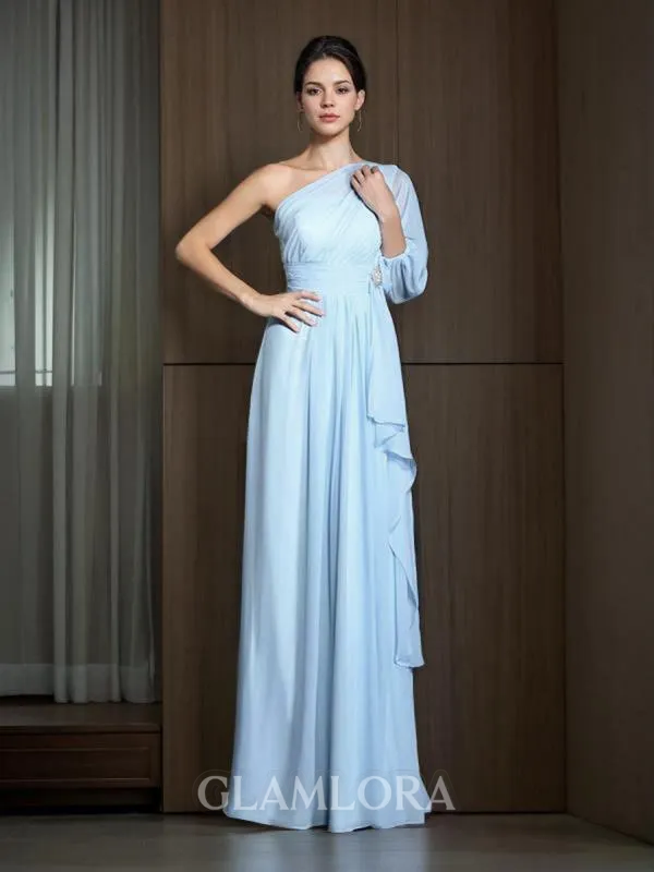 Sheath/Column Trendy One-Shoulder 3/4 Sleeves Floor-Length Chiffon Bridesmaid Dress