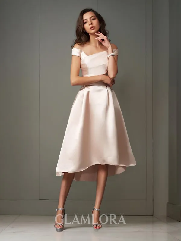 A-line Off-the-Shoulder Sleeveless Asymmetrical Feminine Satin Bridesmaid Dress