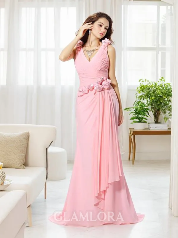 Trumpet/Mermaid V-Neck Sleeveless Sweep Train Curvaceous Chiffon Bridesmaid Dress With Hand-Made Flower