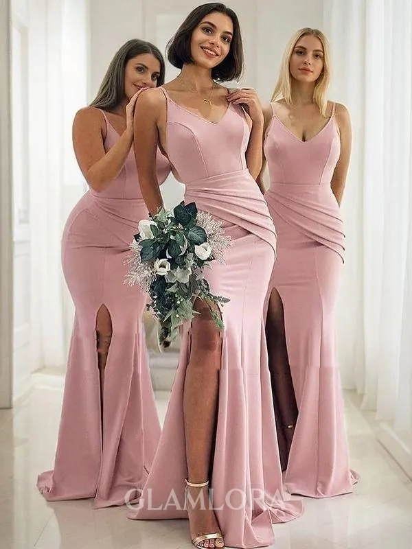 Sheath/Column V-Neck Sleek Sleeveless Sweep Train Stretch Crepe Bridesmaid Dress