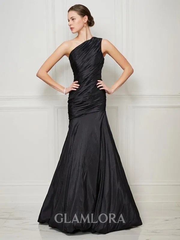 A-line One-Shoulder Sleeveless Subtle Floor-Length Taffeta Bridesmaid Dress With Pleats