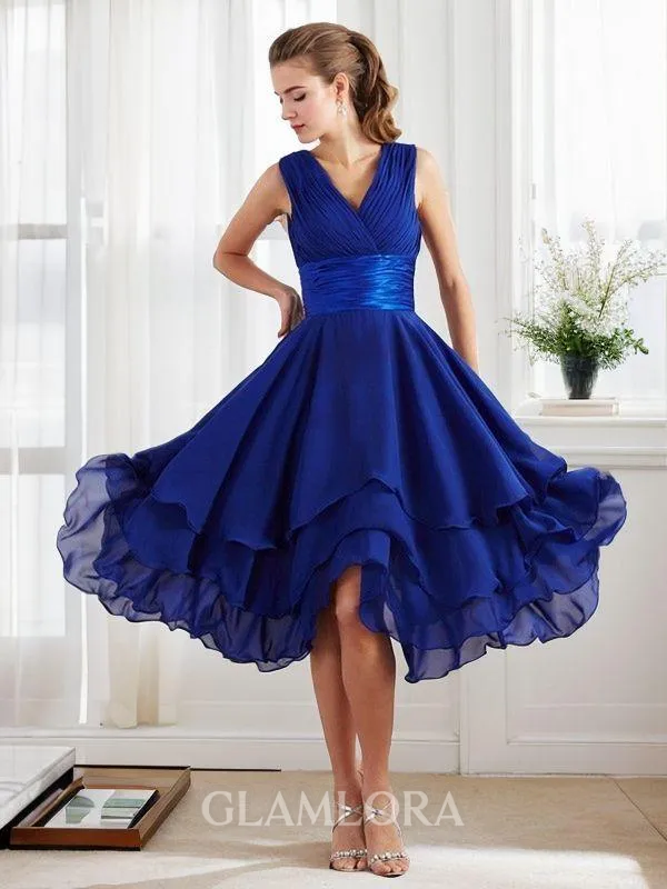 A-line V-Neck Short Sleeves Tea-Length Chiffon Refined Bridesmaid Dress With Pleats