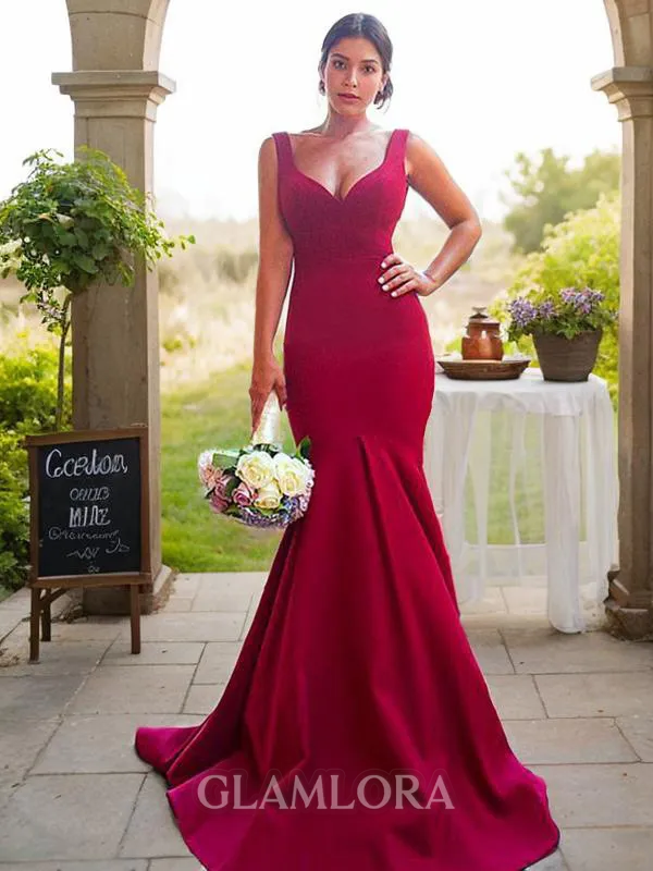 Trumpet/Mermaid V-Neck Sophisticated Sleeveless Sweep Train Stretch Crepe Bridesmaid Dress With Ruffles