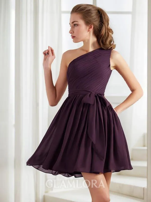 Chic A-line One-Shoulder Sleeveless Short/Mini Chiffon Bridesmaid Dress With Pleats