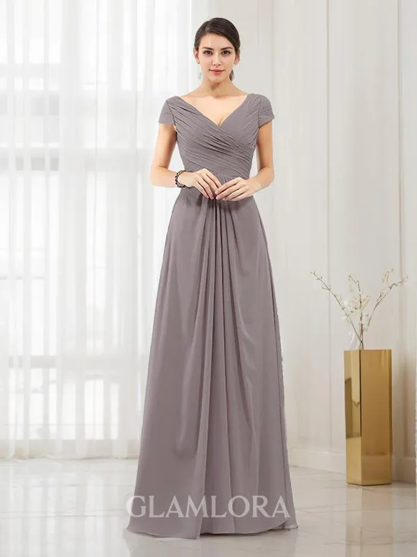 Perfect A-line V-Neck Short Sleeves Floor-Length Chiffon Bridesmaid Dress With Pleats
