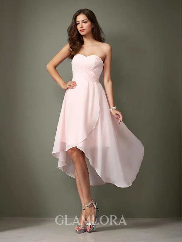 A-line Sweetheart Sleeveless Trendy Asymmetrical Chiffon Bridesmaid Dress With Ruffles
