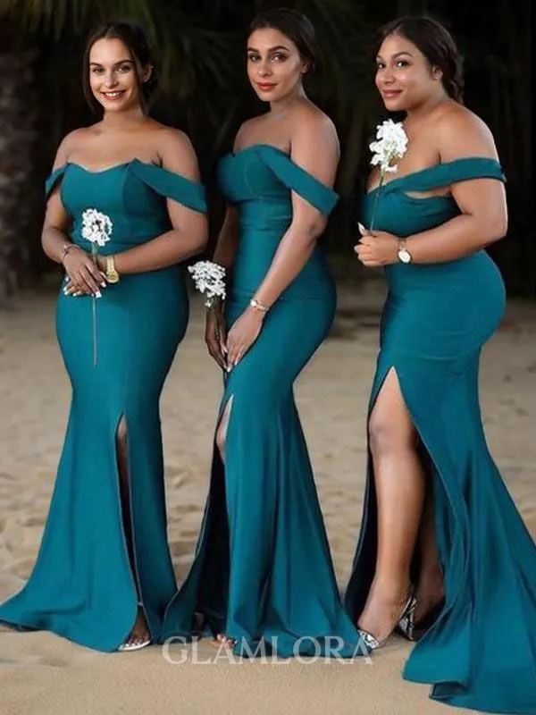 Sheath/Column Off-the-Shoulder Sleeveless Sweep Train Glam Jersey Bridesmaid Dress With Ruched