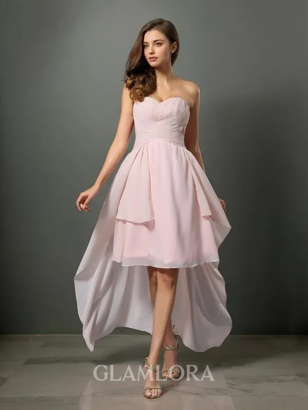 A-line Sweetheart Fashion Sleeveless Asymmetrical Chiffon Bridesmaid Dress With Pleats