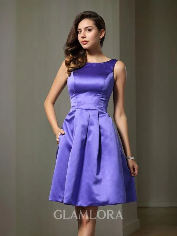 Unique A-line Scoop Sleeveless Knee-Length Satin Bridesmaid Dress
