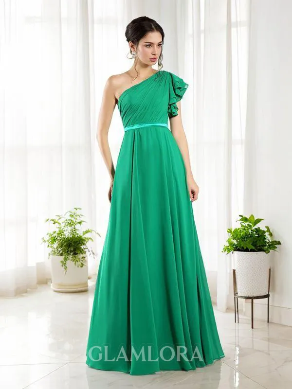 A-line Pretty One-Shoulder Sleeveless Floor-Length Chiffon Bridesmaid Dress With Ruffles