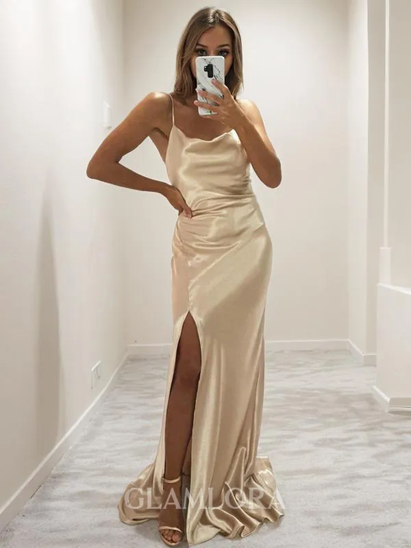 Sheath/Column Spaghetti Straps Minimalist Sleeveless Sweep Train Silk like Satin Bridesmaid Dress