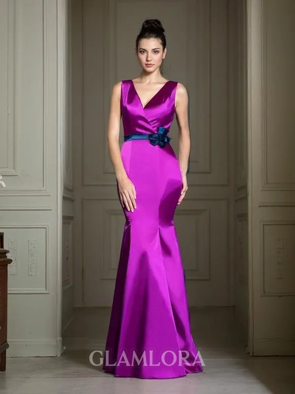 Trumpet/Mermaid V-Neck Sleeveless Floor-Length Silk like Satin Svelte Bridesmaid Dress With Hand-Made Flower