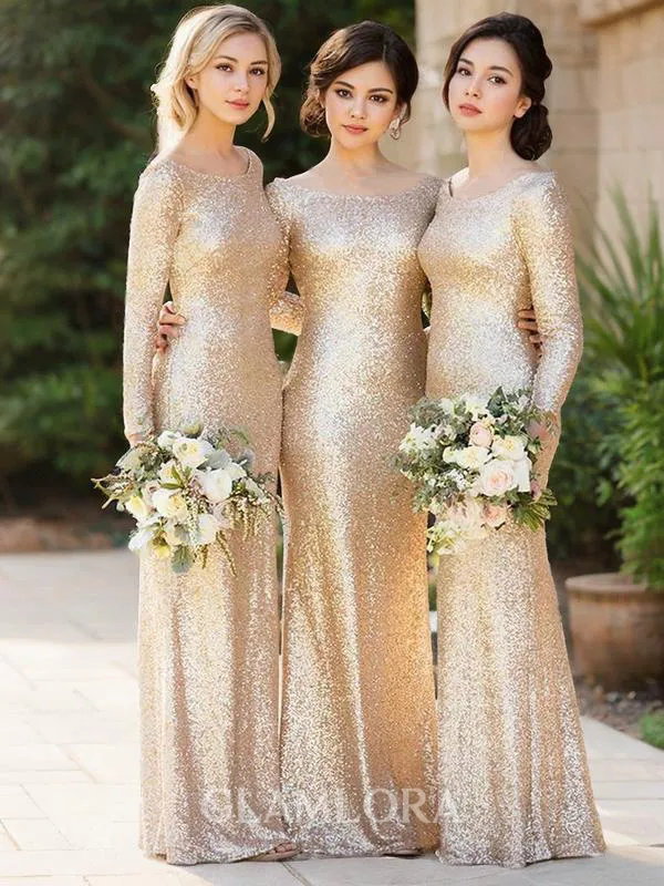 Sheath/Column Scoop Long Sleeves Floor-Length Dazzling Sequins Bridesmaid Dress