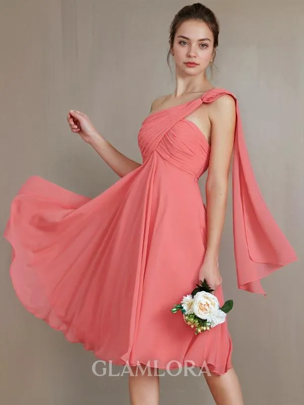 A-line One-Shoulder Sleeveless Short/Mini Chiffon Modest Bridesmaid Dress With Ruched