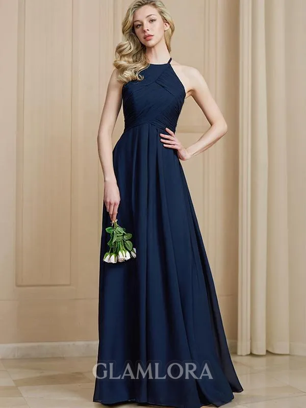 Chic A-line Halter Sleeveless Floor-Length Chiffon Bridesmaid Dress With Ruched