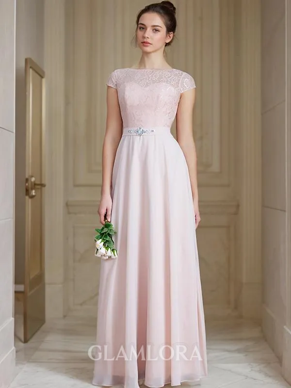A-line Bateau Sleeveless Floor-Length Chiffon Flowing Bridesmaid Dress With Lace
