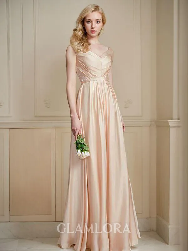 Feminine A-line V-Neck Sleeveless Floor-Length Silk like Satin Bridesmaid Dress With Ruched