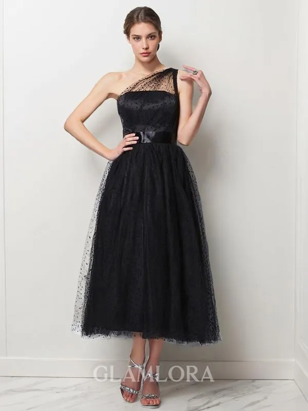 A-line One-Shoulder Subtle Sleeveless Tea-Length Silk like Satin Bridesmaid Dress With Pleats