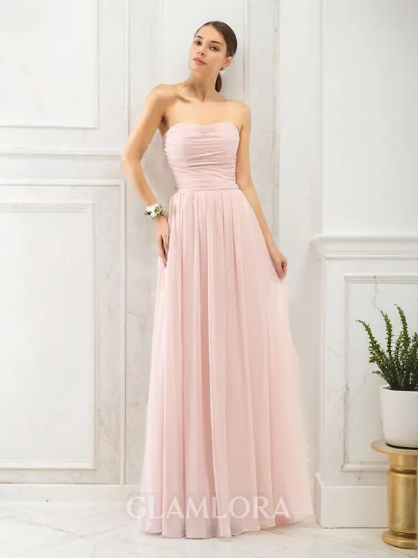 A-line Strapless Sleeveless Floor-Length Chiffon Refined Bridesmaid Dress With Pleats