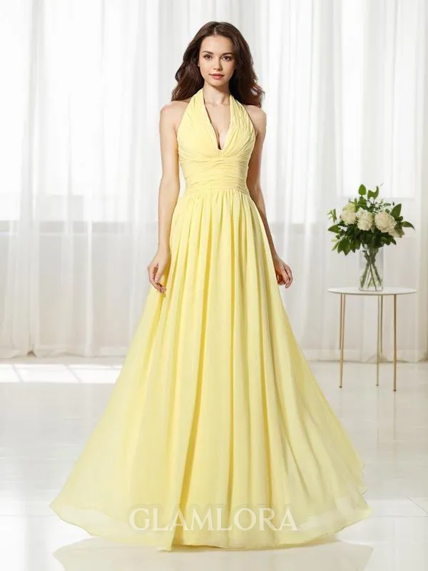 A-line Unique Halter Sleeveless Floor-Length Chiffon Bridesmaid Dress With Pleats