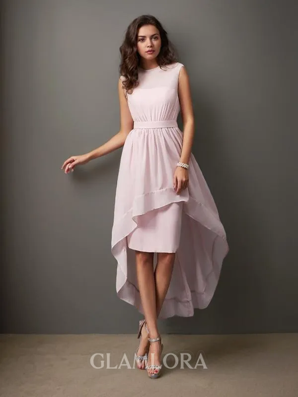 A-line Scoop Sleeveless Asymmetrical Charming Chiffon Bridesmaid Dress With Sash