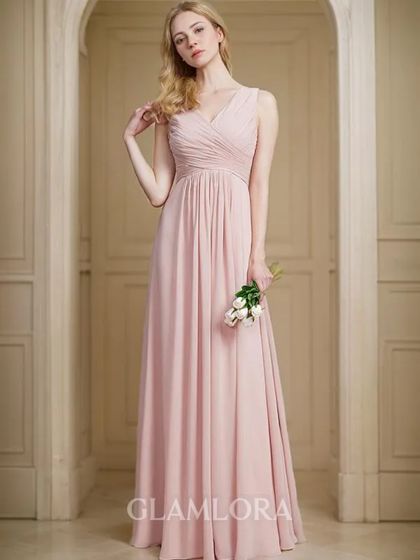 A-line V-Neck Sleeveless Floor-Length Chiffon Classy Bridesmaid Dress With Ruched