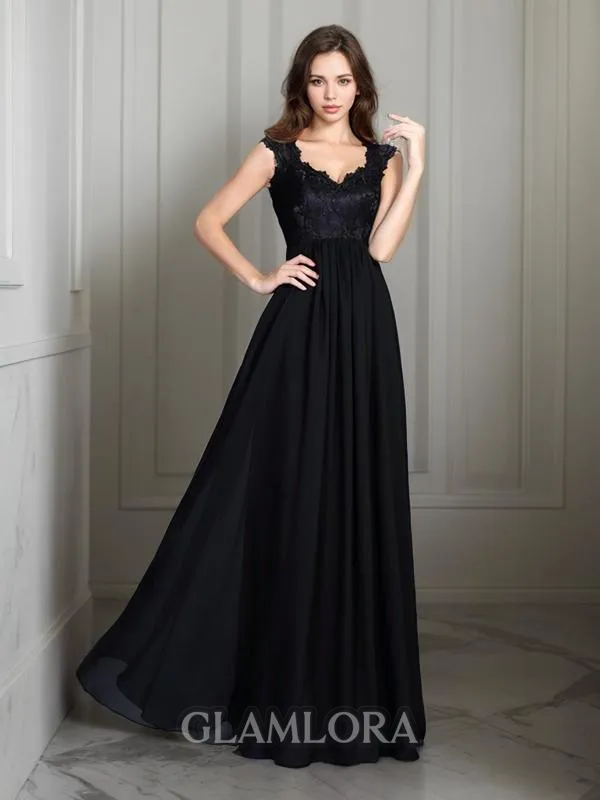A-line Scoop Sleeveless Floor-Length Classic Chiffon Bridesmaid Dress With Lace