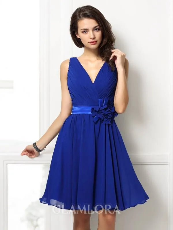 Sophisticated A-line V-Neck Sleeveless Short/Mini Chiffon Bridesmaid Dress With Pleats