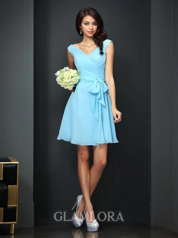 A-line V-Neck Flowing Sleeveless Short/Mini Chiffon Bridesmaid Dress With Bowknot