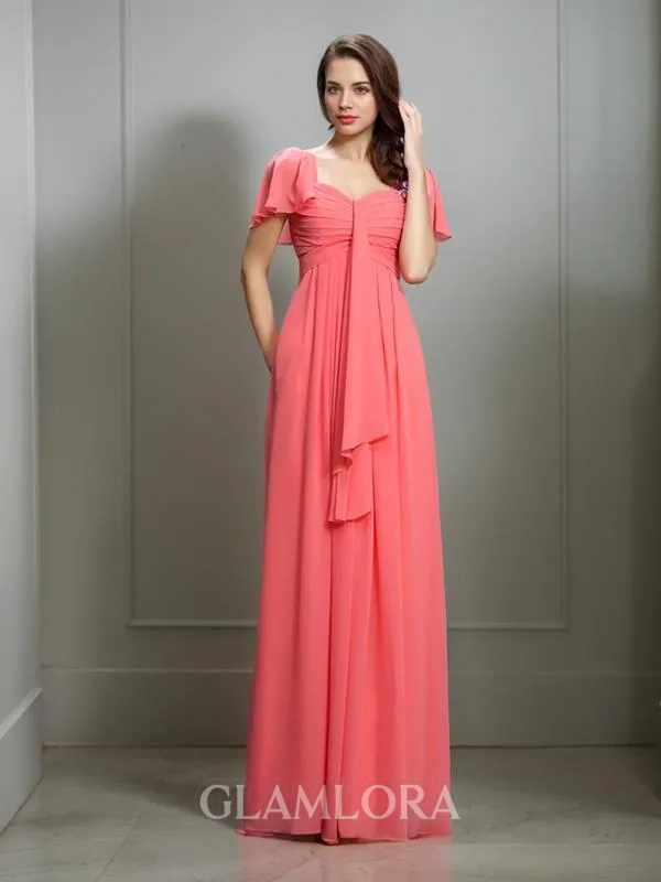 A-line Sweetheart 1/2 Sleeves Feminine Floor-Length Chiffon Bridesmaid Dress With Pleats