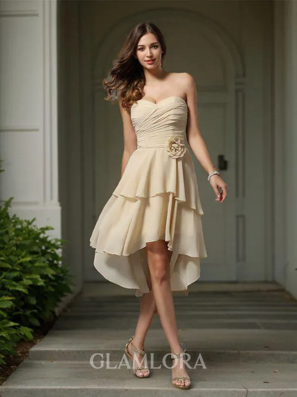 A-line Sweetheart Sleeveless Asymmetrical Subtle Chiffon Bridesmaid Dress With Hand-Made Flower
