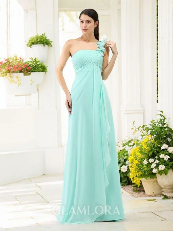 A-line One-Shoulder Sleeveless Floor-Length Refined Chiffon Bridesmaid Dress With Pleats