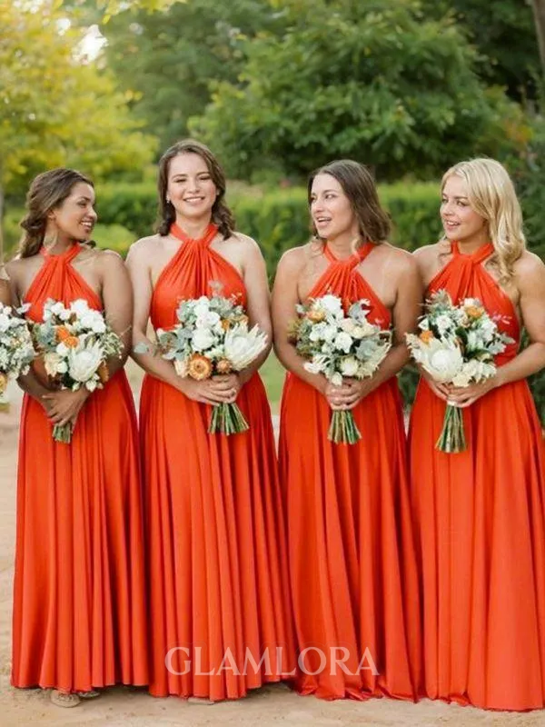 A-line Halter Sleeveless Chic Floor-Length Jersey Bridesmaid Dress