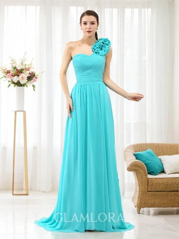 A-line One-Shoulder Perfect Sleeveless Sweep Train Chiffon Bridesmaid Dress With Pleats