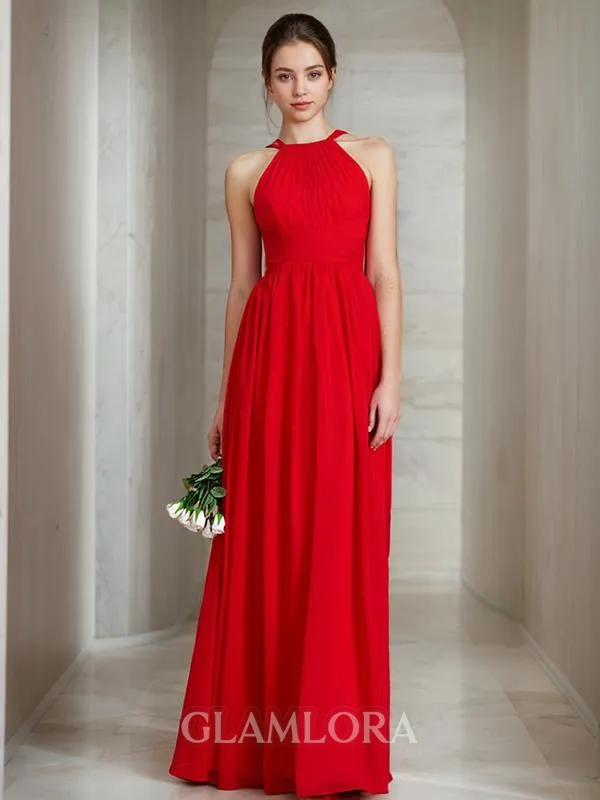 A-line Halter Sleeveless Elegant Floor-Length Chiffon Bridesmaid Dress With Ruched