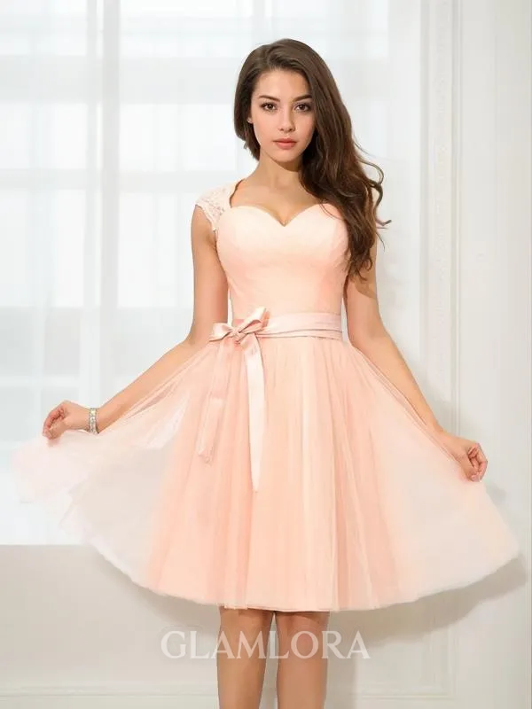 A-line Princess Straps Sleeveless Short/Mini Balanced Tulle Bridesmaid Dress With Sash
