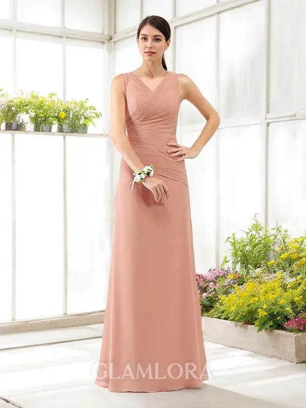 Chic Sheath/Column V-Neck Sleeveless Floor-Length Chiffon Bridesmaid Dress With Pleats