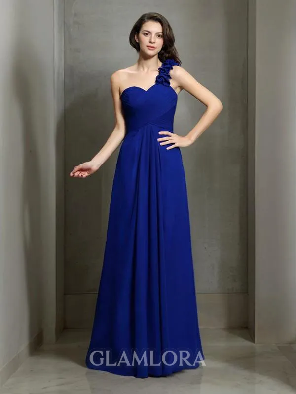 A-line One-Shoulder Sleeveless Floor-Length Fashion Chiffon Bridesmaid Dress With Hand-Made Flower