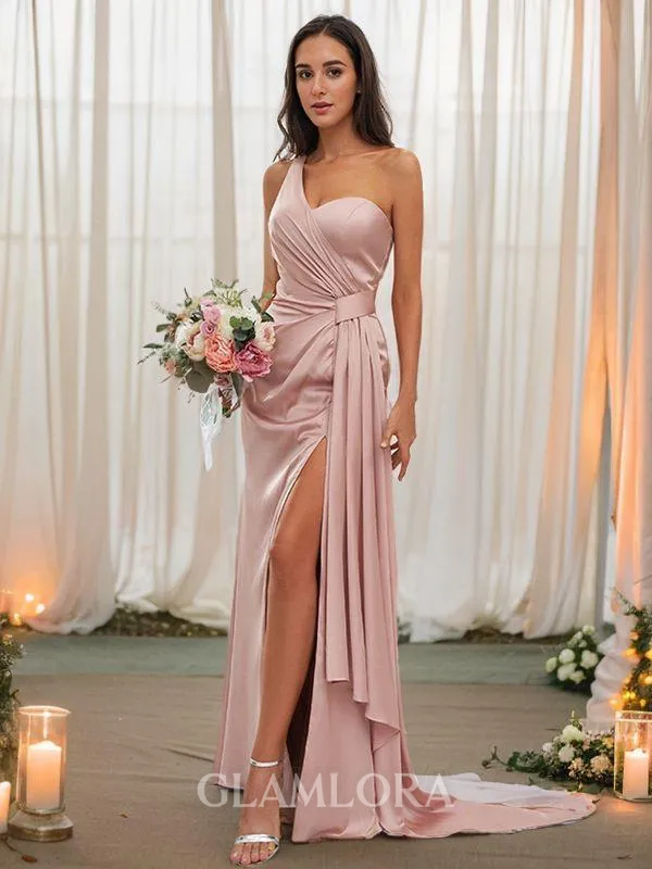 Sheath/Column One-Shoulder Glistening Sleeveless Floor-Length Silk like Satin Bridesmaid Dresses
