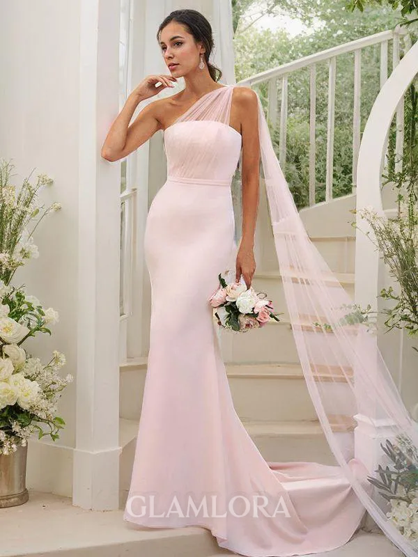 Sheath/Column Flattering One-Shoulder Sleeveless Sweep Train Stretch Crepe Bridesmaid Dresses