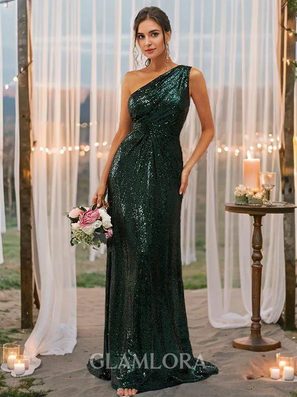 Sheath/Column One-Shoulder Sleeveless Shiny Sweep Train Sequins Bridesmaid Dresses