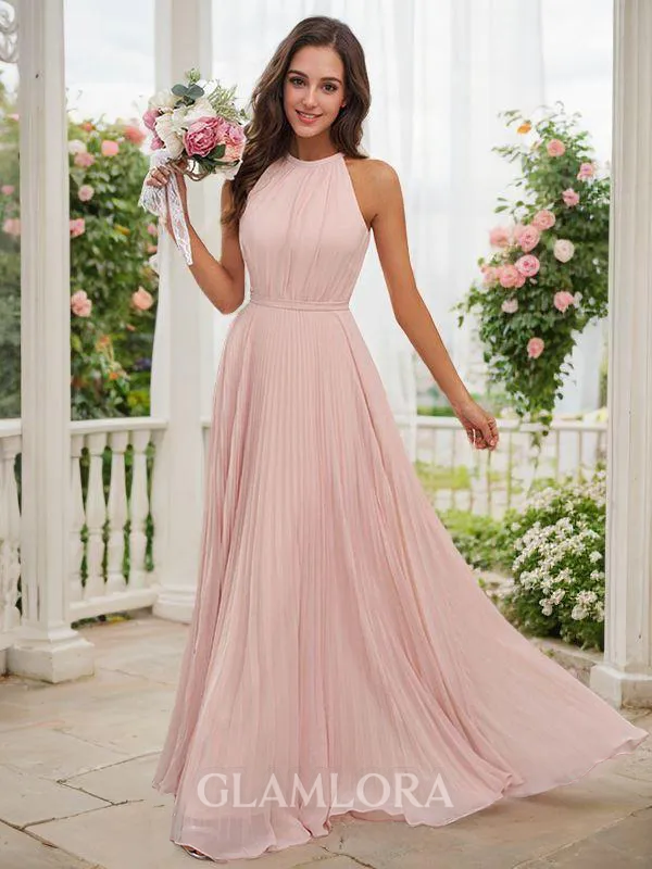 A-line Halter Sleeveless Shining Floor-Length Chiffon Bridesmaid Dresses