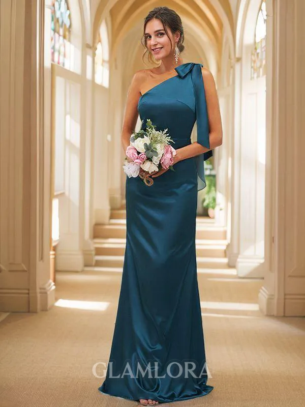 Sheath/Column One-Shoulder Fitted Sleeveless Floor-Length Silk like Satin Bridesmaid Dresses