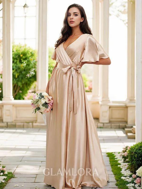 A-line V-Neck Simple Short Sleeves Floor-Length Silk like Satin Bridesmaid Dresses