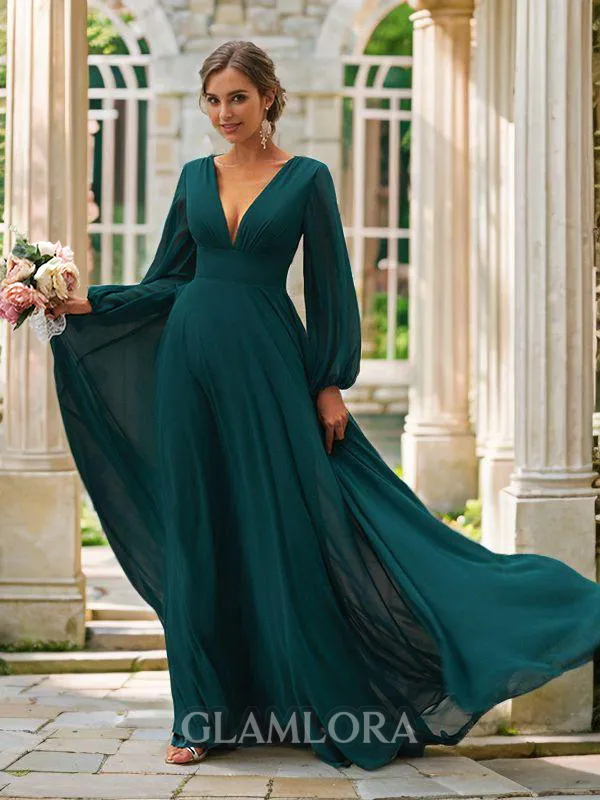 A-line V-Neck Long Sleeves Sweep Train sparking Chiffon Bridesmaid Dresses